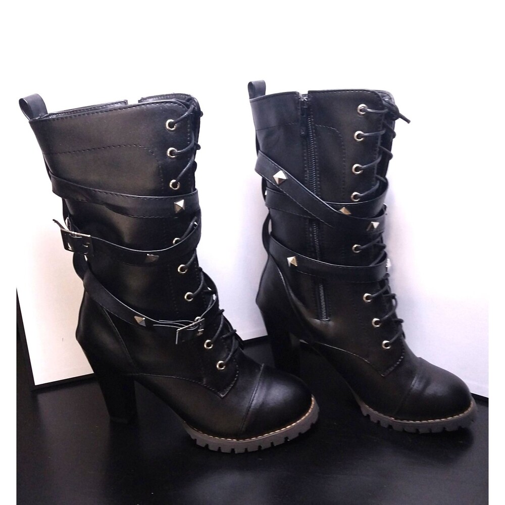 Pixie Cove Black Gothic Lace Up High Heel Boots Studded Buckle Straps Size 7.5